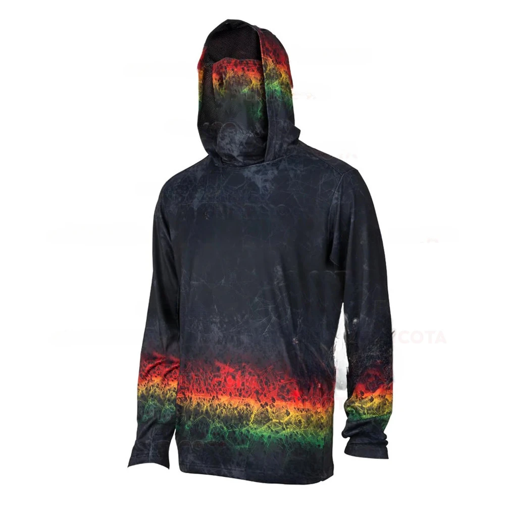 Outdoor Men Blue Camouflage Fishing Hoodie Built‑in Neck Gaiter  Sun Protection Lightweight Quick Dry Long Sleeve Fishing Shirt