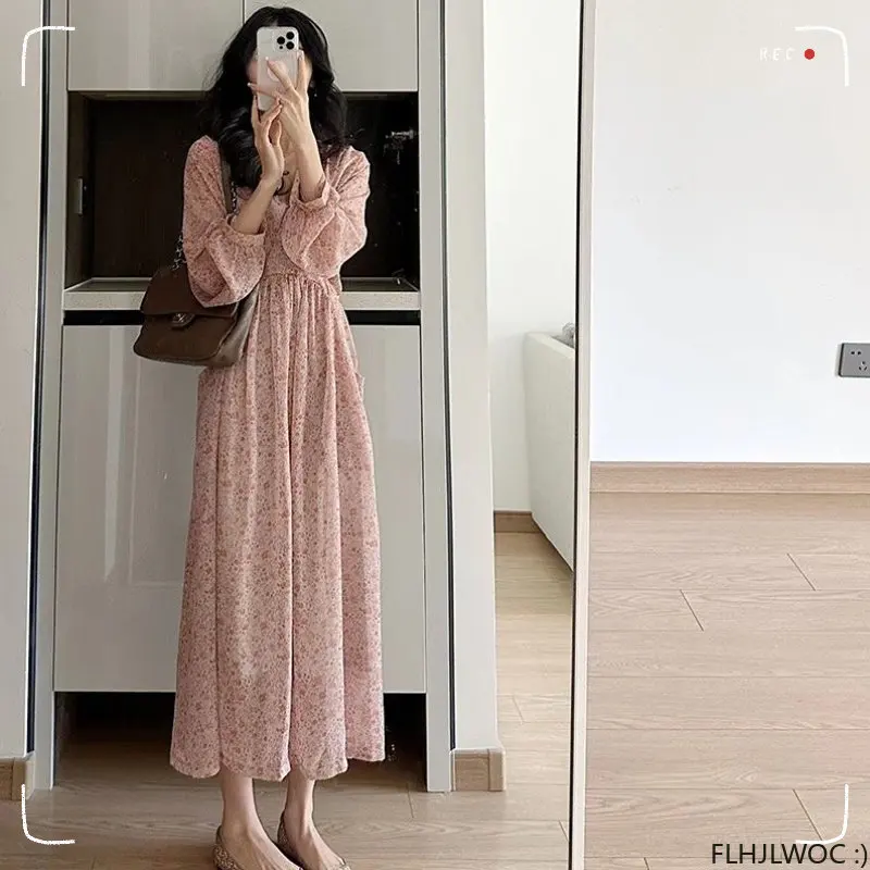 Pink Romantic Long Fairy Dresses 2023 Summer French Design Women Holiday Chiffon Flower Floral Retro Vintage Long Maxi Dress