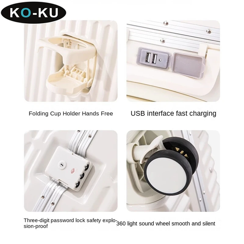 KO-KU 20/22/24/26/28 Inch Luggage 2024New Aluminium Frame Suitcase Trolley Case Cup Holder Usb Port Password Travel Boarding Box