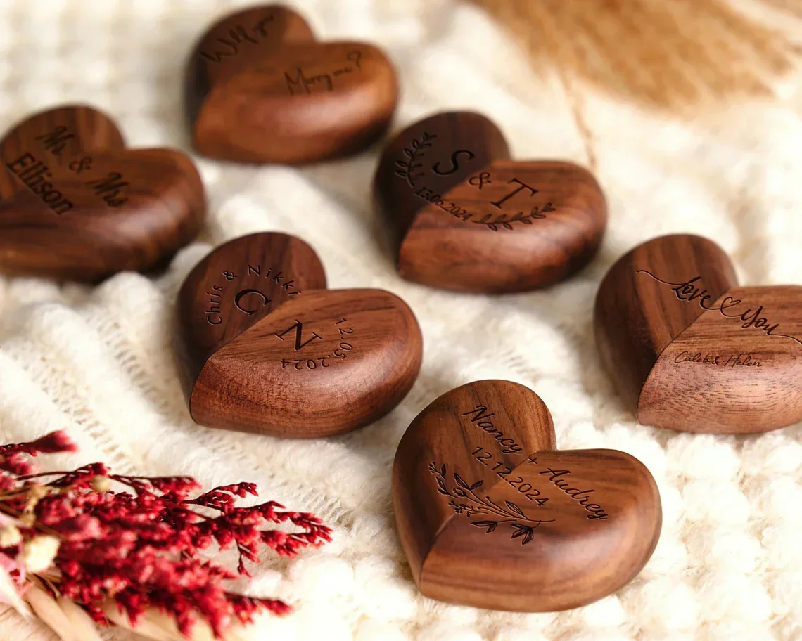 1PCS Free Logo Heart-shaped Wood Proposal ring Box Jewellery Gift Wedding Valentine Jewelry Storage Organizer Earring Ring Box