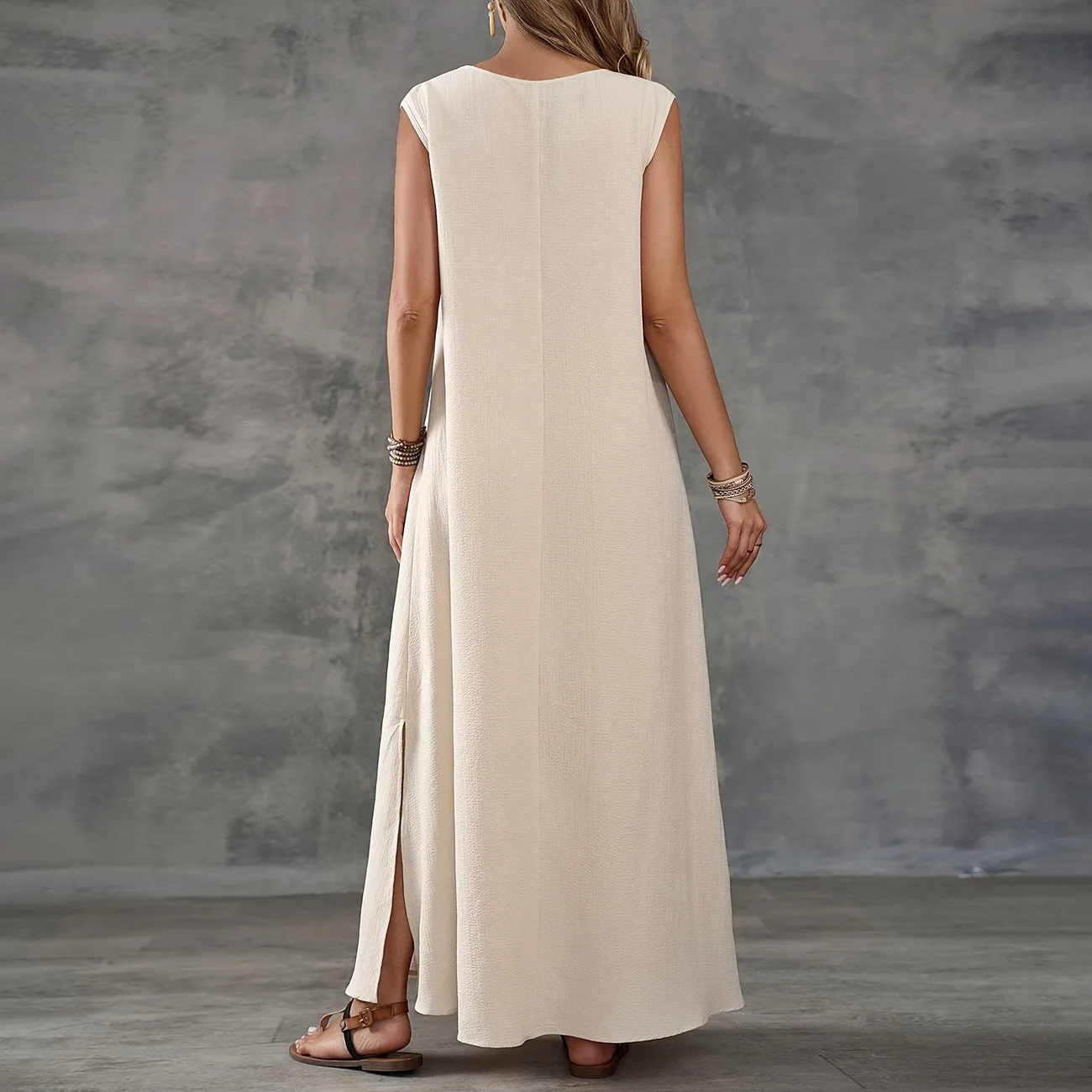 Casual solid color V-neck sleeveless side slit long dress women 2025 summer loose boho dress for women