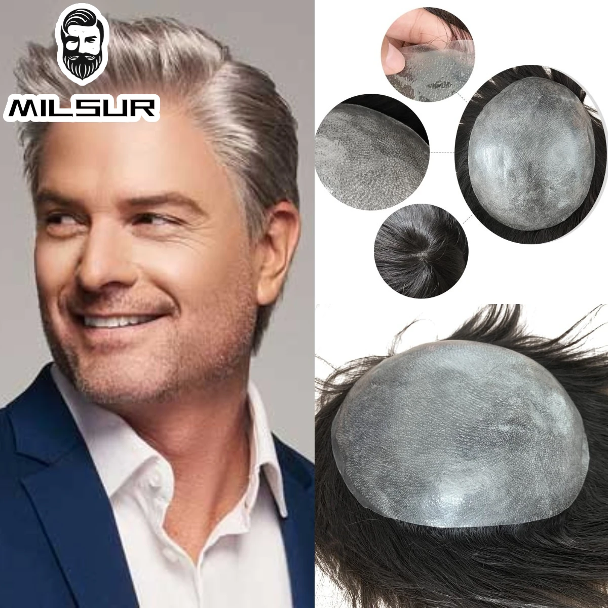 

Men Hair Toupee 0.02-0.03mm V-Loop Full PU Hair System Unit Men's Wig Male Hair Prosthesis 90% Density Men's Capillary Prothesis