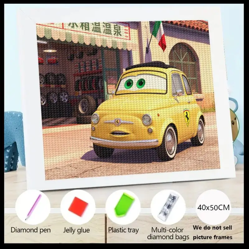 

1PC 5D Full Drill Diamond Painting Kit, Cute Cartoon Yellow Car Luigi Character Diamond Art, DIY Italian Classic Vehicle Rhinest