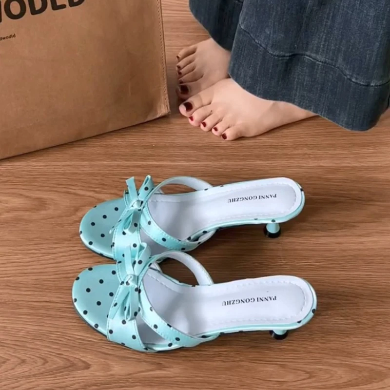 Street Style Satin Butterfly-knot Women Slippers Fashion Polka Dot Thick Heels Party Dress Slide Ladies Summer Polka Dot Shoes
