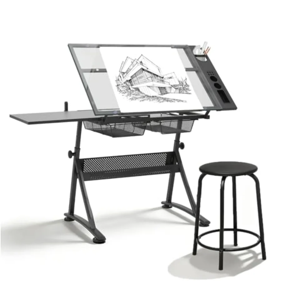 Professional Drafting Table for Teens w/Stool Tilting GlassTabletop and Adjustable Height Art Craft Desk Watercolor Paintings S