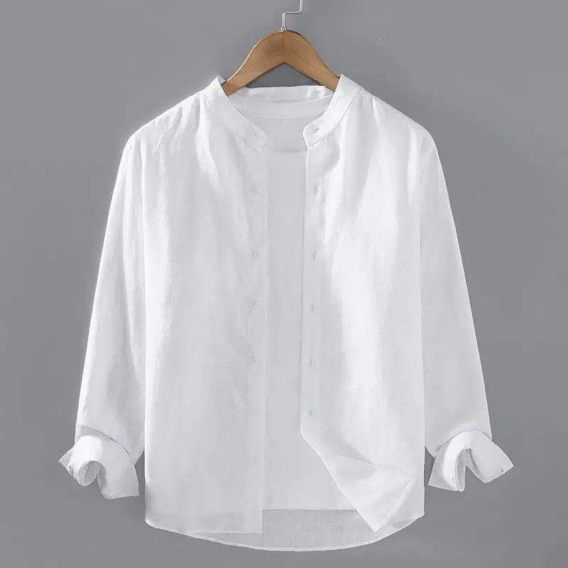 Pure Linen Men& Long-sleeved Shirt Spring and Summer National Style Stand Collar Shirt Large Size Loose Versatile Trendy Clothes