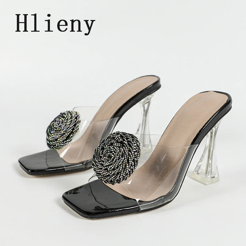 Hlieny PVC Transparent Square Toe Crystal Slippers Womens 2026 Summer Clear High Heels Rhinestone Sandals Ladies Shoes