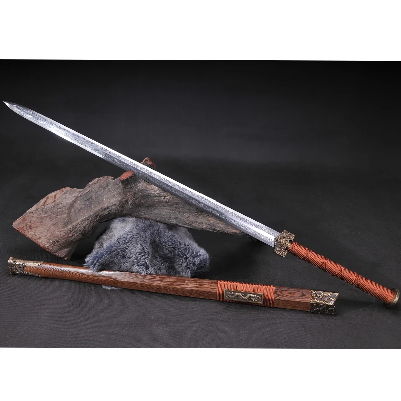 Real Chinese Sword,Han Jian Forged Damascus Folded Steel Blade, Engraved Ancient Words, Metal Craft, Home Fengshui Decoration