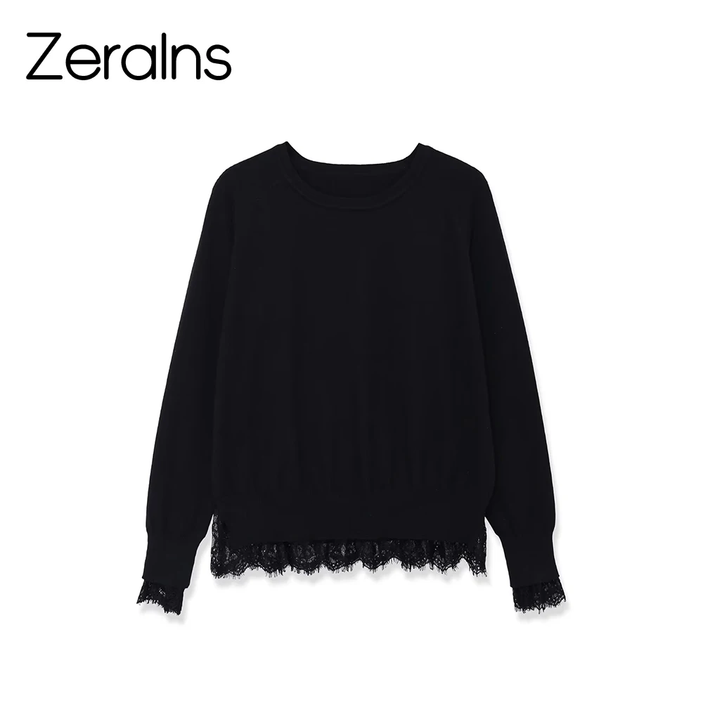 ZERAINS Summer New Women's Lace Splicing Knitted Shirt Women's Round Neck Long Sleeve Versatile Temperament Base Shirt