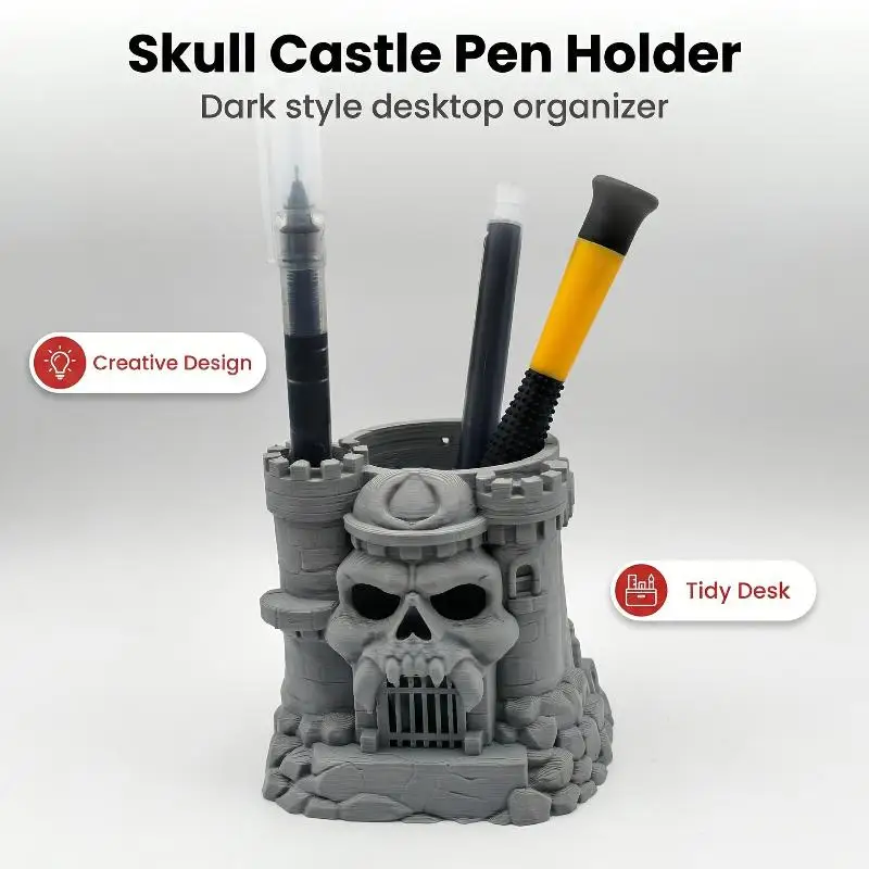 Resin Gothic Skull Castle Pen Holder Creative Skeleton Makeup Brush Organizer for Office Desktop Vanity Table Decor