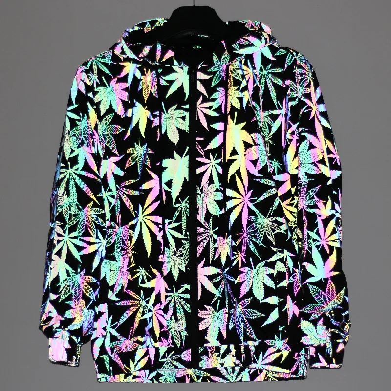 

2025 Spring/Fall New Men's Iridescent Reflective Hooded Jacket Sporty Casual Laser Leaf Design Windbreaker Outdoor Hiking Coat