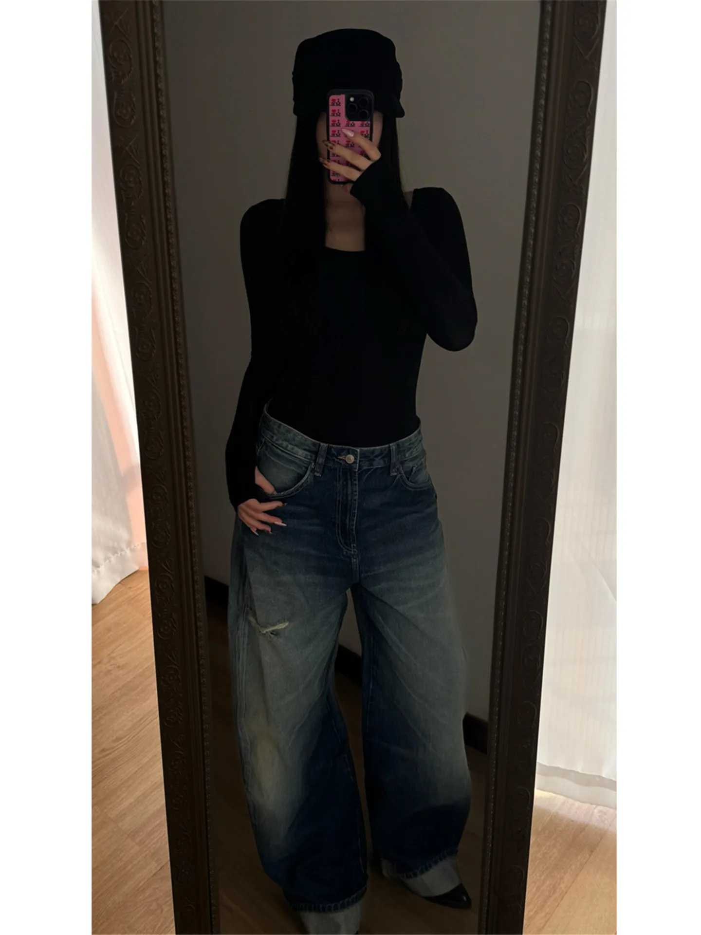 

Retro American Hole Denim Jeans Women's Loose Slim Long Straight Leg Cuffed Wide Leg Pants Casual Cotton Natural Waist