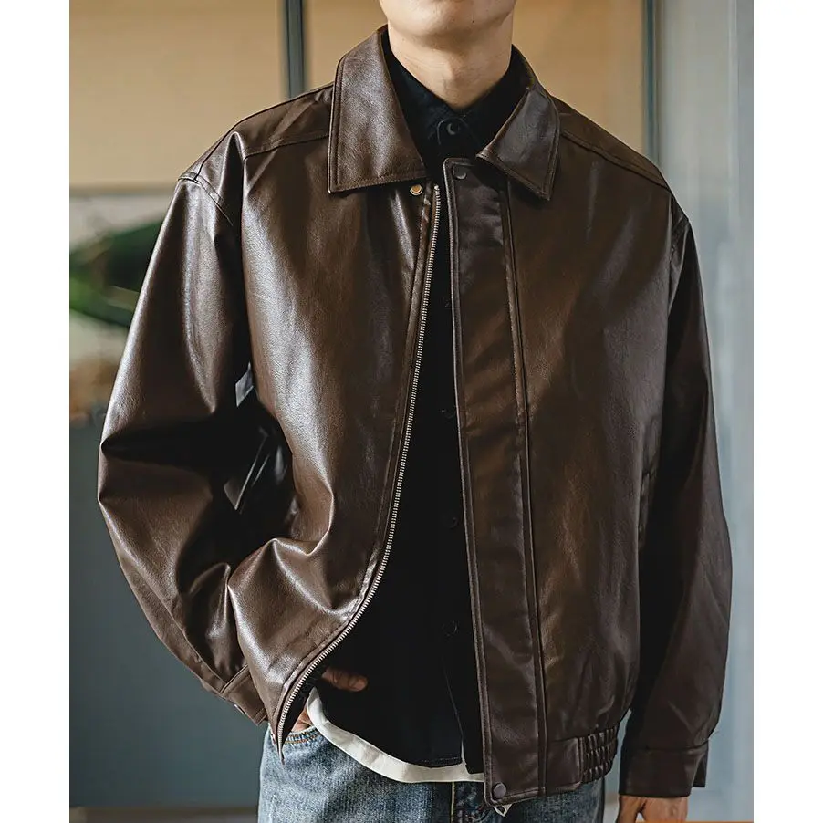 

Brown PU Motorcycle Leather Jackets for Men Autumn New Lapel Zipper American Vintage Loose Maillard Leather Jacket Men Coats