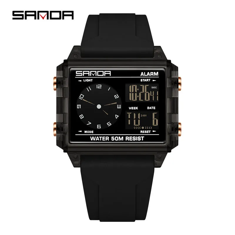 

SANDA 6368 Модные электронные часы, многофункциональные, светящиеся, с календарем, водонепроницаемые, спортивные, светодиодные, с функцией хронометража, цифровые наручные часы для студентов