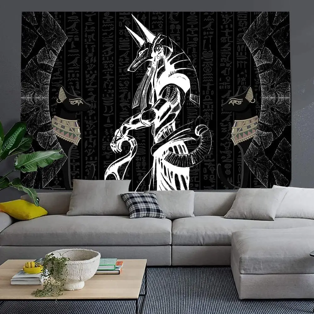 Egyptian Style Tapestry Egypt Anubis Pharaoh's Pet Cat Bastet Egyptian Tapestries Black and White Wall Decor for Home LivingRoom