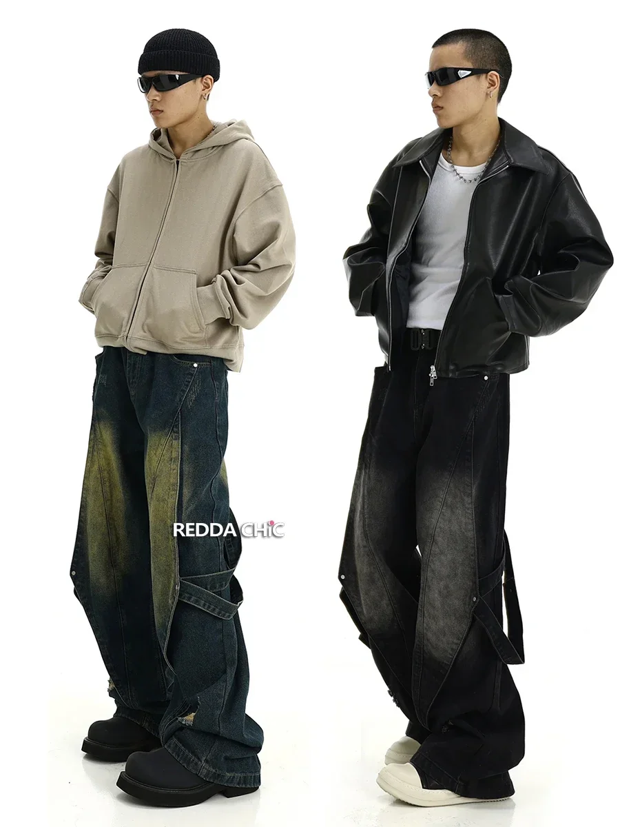 

Belt Deconstructed Baggy Jeans Men Vintage Wash Destroyed Frayed Spliced Straight Casual Wide Leg Pants Y2k Streetwear