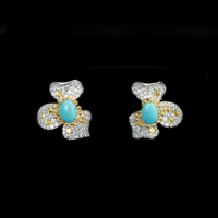 TLS 925 Sterling Two-tone Rhodium Plated High Carbon Diamond 1ct Cabochon Turqoise Clip-on Earrings for Women