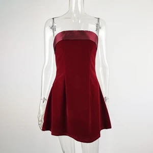 Dgluke Mini Velvet -Kleid ohne Träger, Schulter draußen, nackt Rücken, Linie A, Kurzes, Ball Partykleid, schick und elegant, Frauenkleid, schwarz, rot 8 Hauptverkäufe kurzes rotes Rundkleid - №4