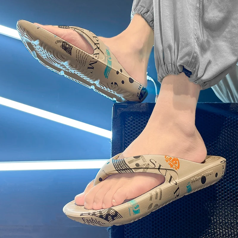Men's Summer EVA Thick-Soled Flip-Flops with Lettering, Fashionable Toe-Post Sandals for Outdoor, Beach, Shower, and Anti-Slip
