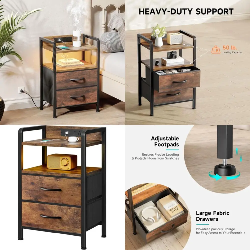 

Прикроватная тумбочка в деревенском стиле коричневого цвета с зарядной станцией, светодиодной подсветкой, USB-портами, розеткой переменного тока и тканевыми ящиками