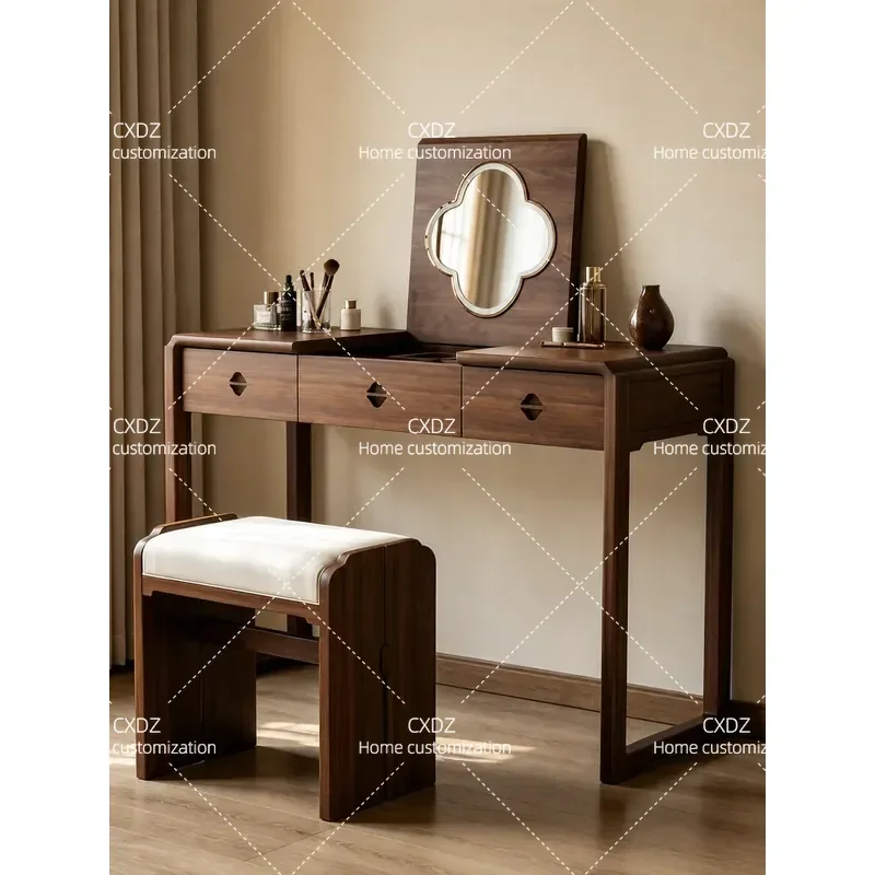 Song Style Aesthetics North American Black Walnut Solid Wood Cosmetic Table Bedroom Flip Mirror Storage Integrated Dressing