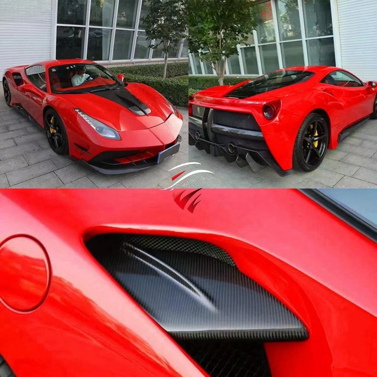 M estilo f488 kit de corpo largo capa para ferrari 488 gtb dianteiro e traseiro spoiler saias laterais semi carbono fib material