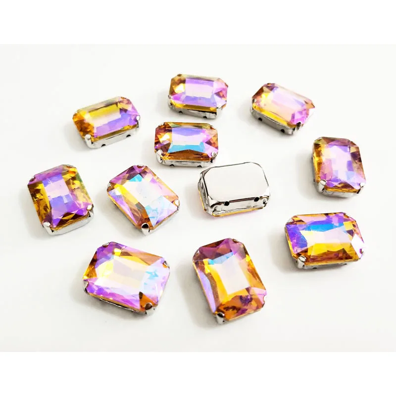 Super beauty AB color Rectangle octagonal shape High quality Glass Crystal sew on claw rhinestones sewing accessories20pcs/pack