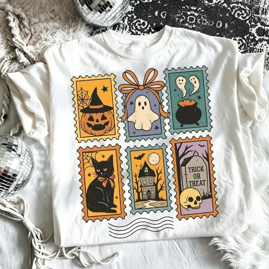 Retro Halloween Stamp Graphic Tee Vintage Ghost Pumpkin Black Cat Witch Hat Print Aesthetic Casual Holiday Short Sleeve T-Shirt