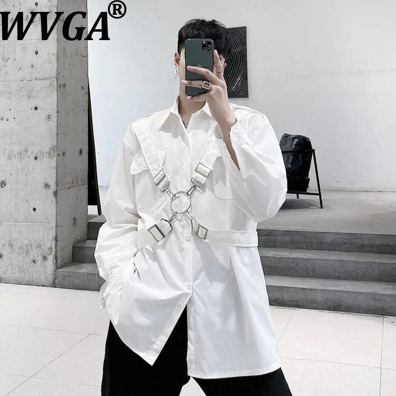 

WVGA Spring New Man Tide Metal Straps Trendy Street Style Long Sleeve Shirt Niche Stylish Casual Turn-Down Collar Tops InsW20489