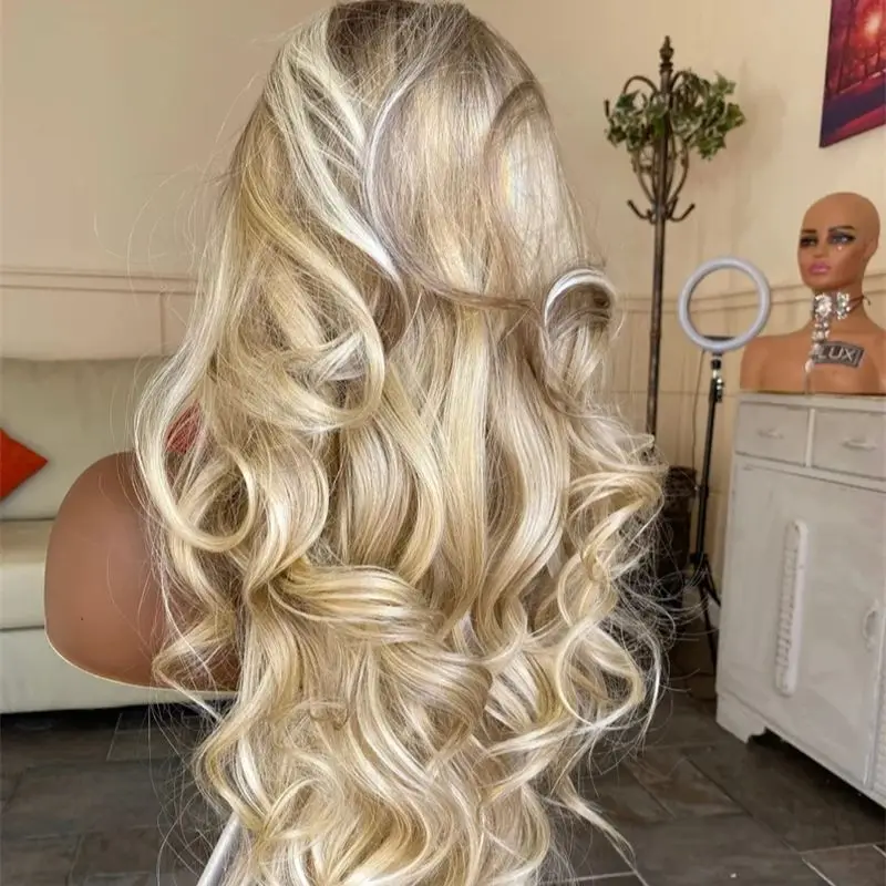 Ombre Ash Blonde Body Wave Lace Front Synthetic Wig Middle Part Hairline Dark Roots With Preplucked Realistic Hairline Wig 28''