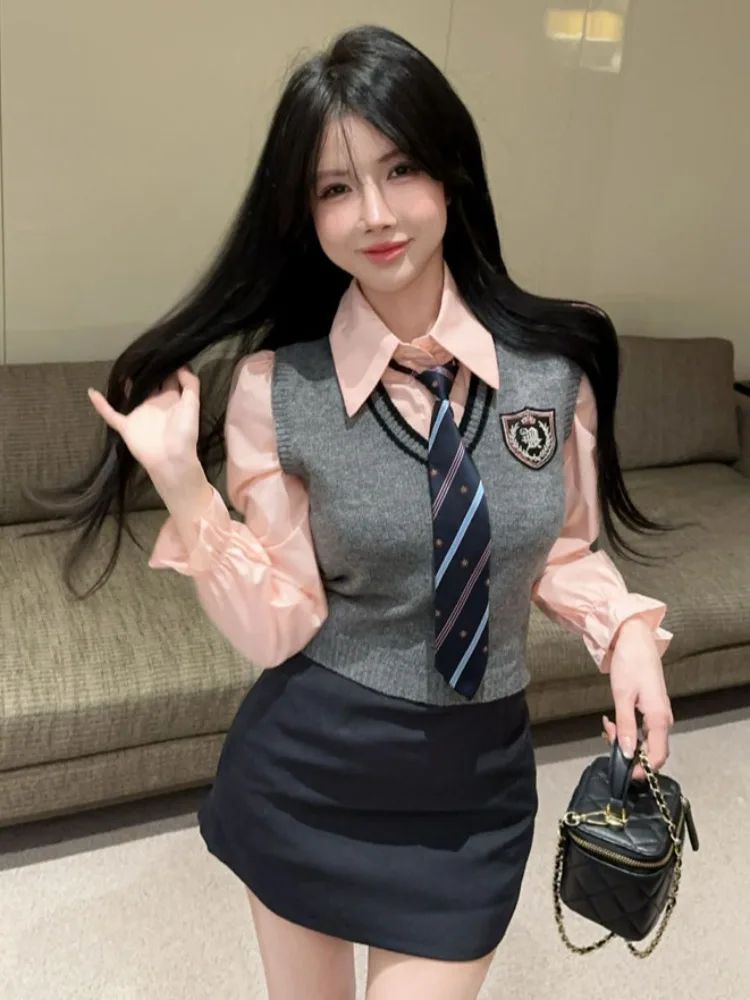 

Korean College Style Jk Uniform Layered Embroidered Vest Pink Inner Long Sleeve Shirt Wrap Skirt Set Trendy Commute Simple