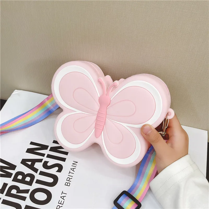 Kids Soft Silicone Small Bag Fashion Butterfly/Bow Shoulder Crossbody Bags Girls Outdoor Popular Cute Princess Bag Coin Purse