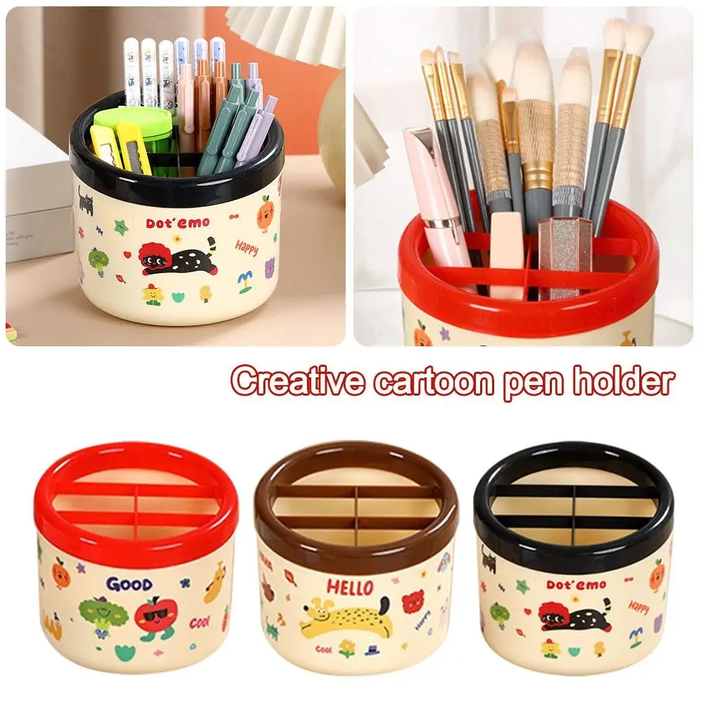 Cartoon Pen Holder Dopamine Large Capacity Stationery Storage Box with Sticker Multi Grid Makeup Brush Organizer