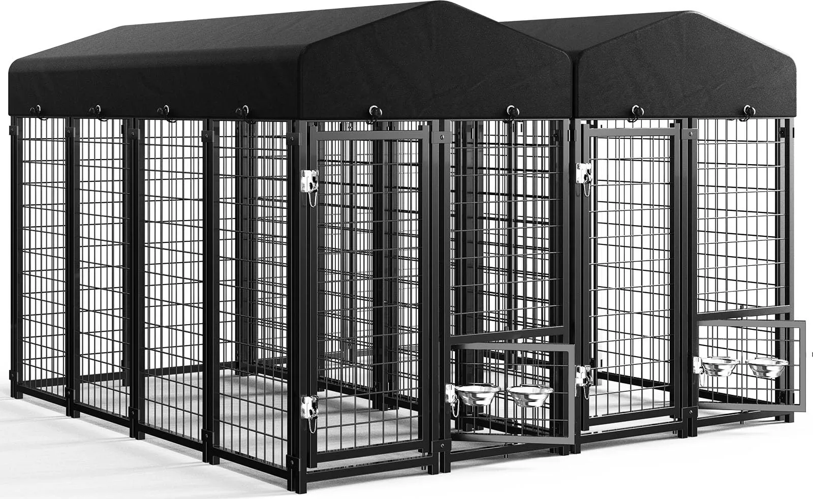 2PCS Outdoor Dog Kennel Outside Run with Doggy Door, Swivel Feeder&Roof - 8x4x6FT Large Dog Kennels Pens Outside for