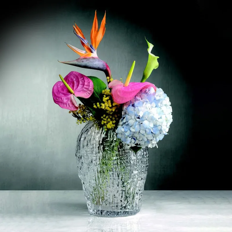 Transparent glass pink relief vase high-end living room decoration ornament