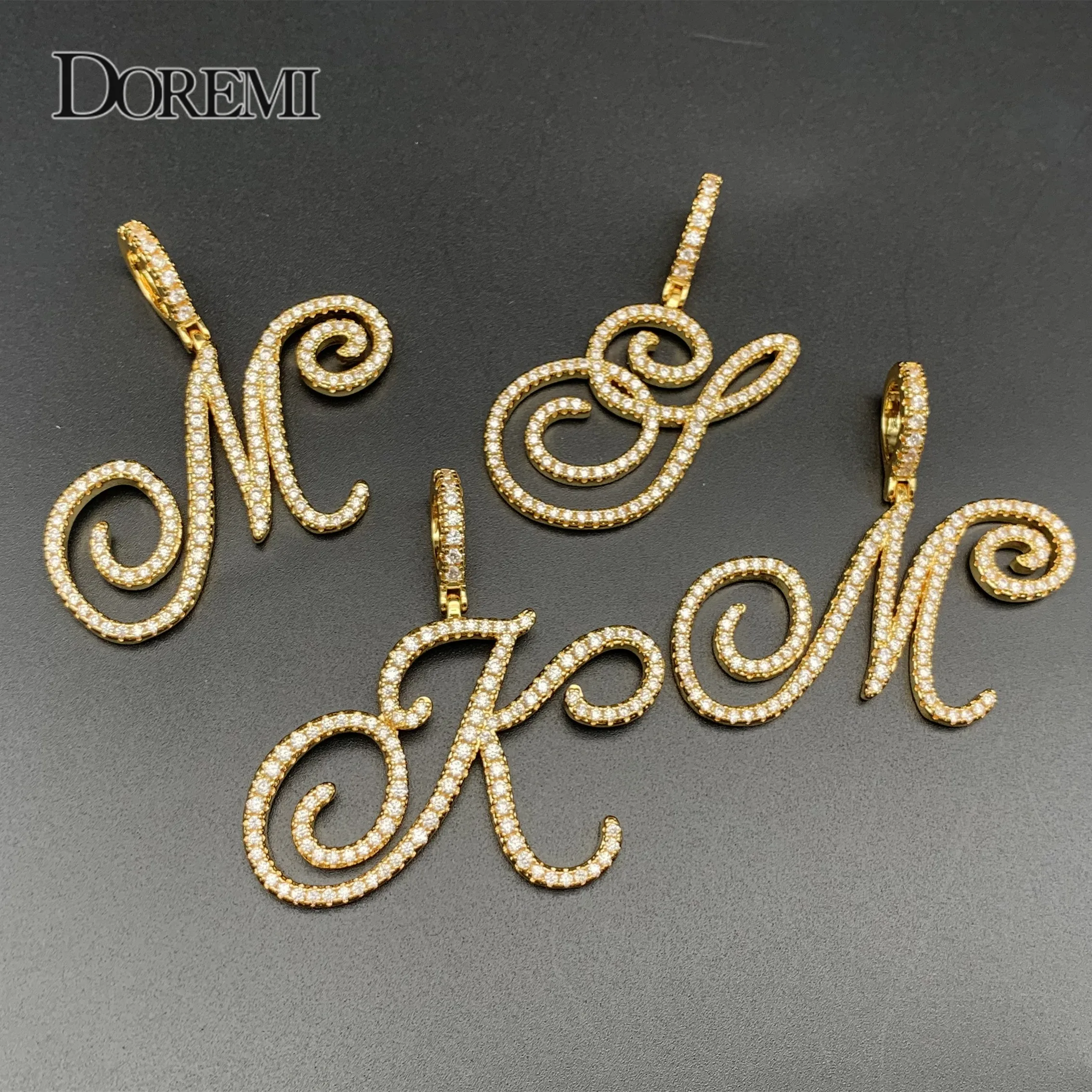 DOREMI New A-Z Cursive Letters Name Pendant &Necklace Iced Out Cubic Zircon Rope Chain Gold Silver Color Charm Hip Hop Jewelry