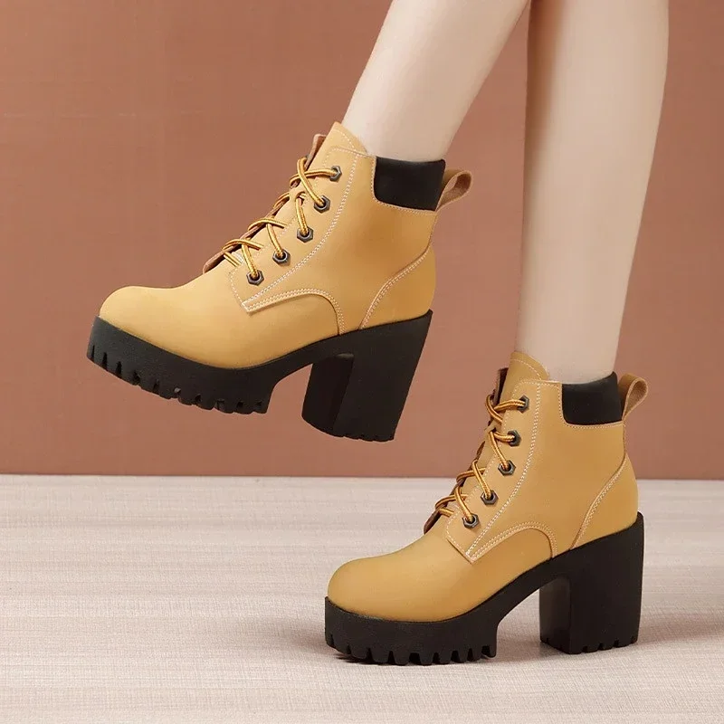 

8cm High Heel Cowhide Short Boots 2024 Autumn And Winter New Thick Bottom Platform Size 32-43 Plush Warm Women's Shoes
