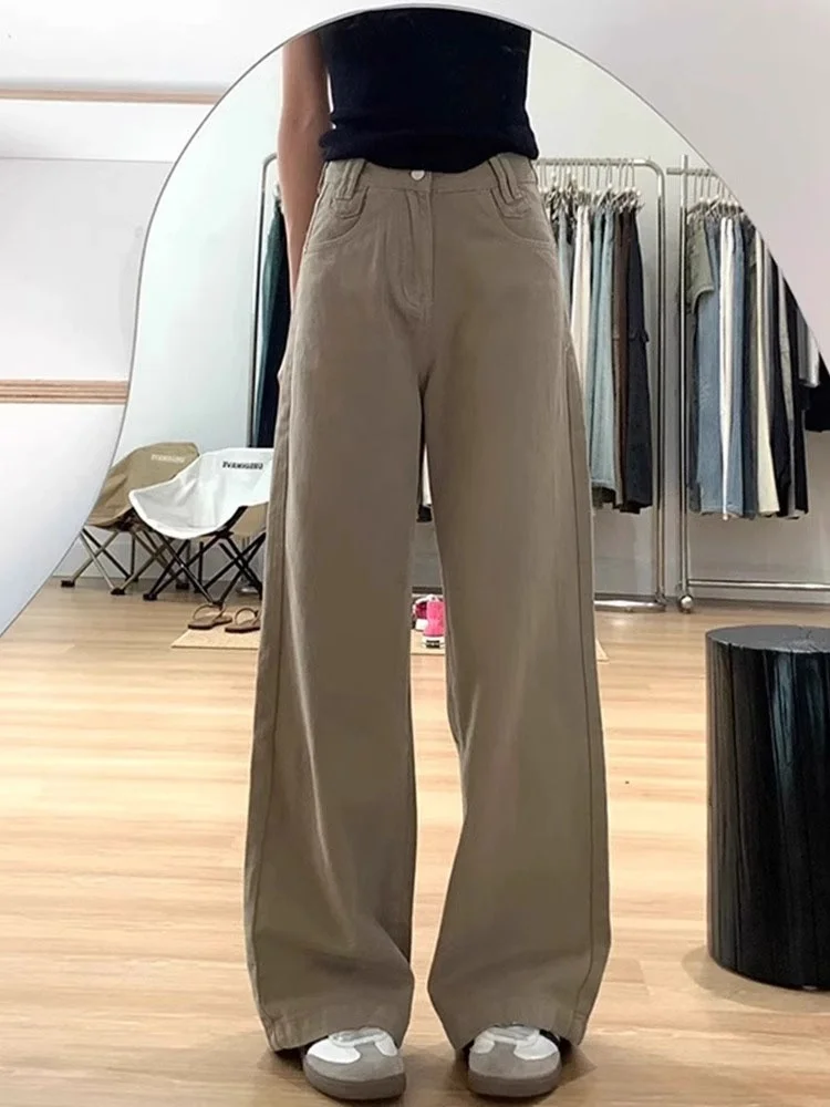 Damskie szerokie jeansy khaki z wysokim stanem, luźne, proste spodnie do ziemi, jesienne, nowe, plus size, wyszczuplające, uniwersalne, codzienne.