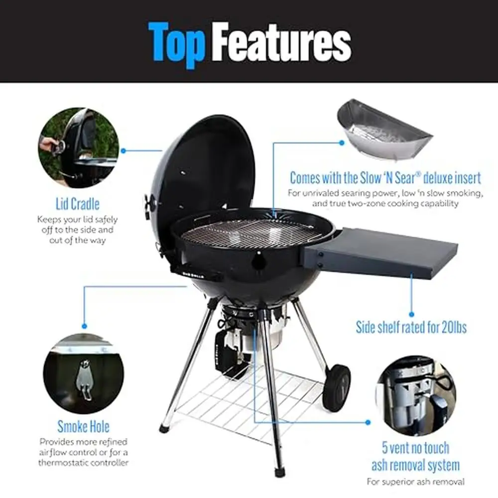 

Two-Zone Charcoal Grill with Deluxe Insert & Easy Spin Grate Low 'N Slow Cooking & Smoking Precision BBQ Power from SnS Grills