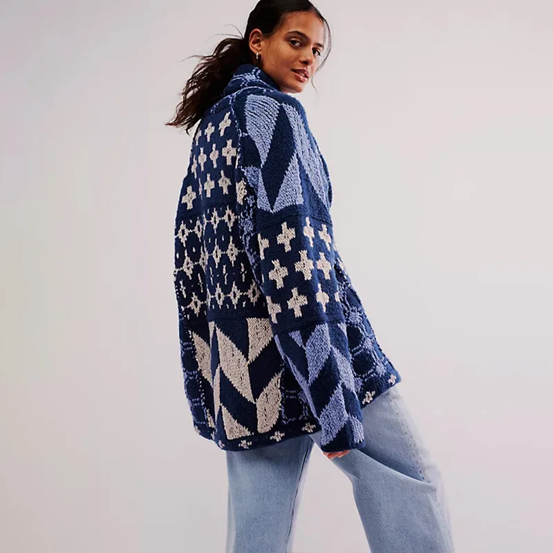 Trendy Women's Autumn Winter Knitted Cardigan Top Sweater Soft Long Sleeve Lapel Print Y2K Simple Comfortable Loose Versatile
