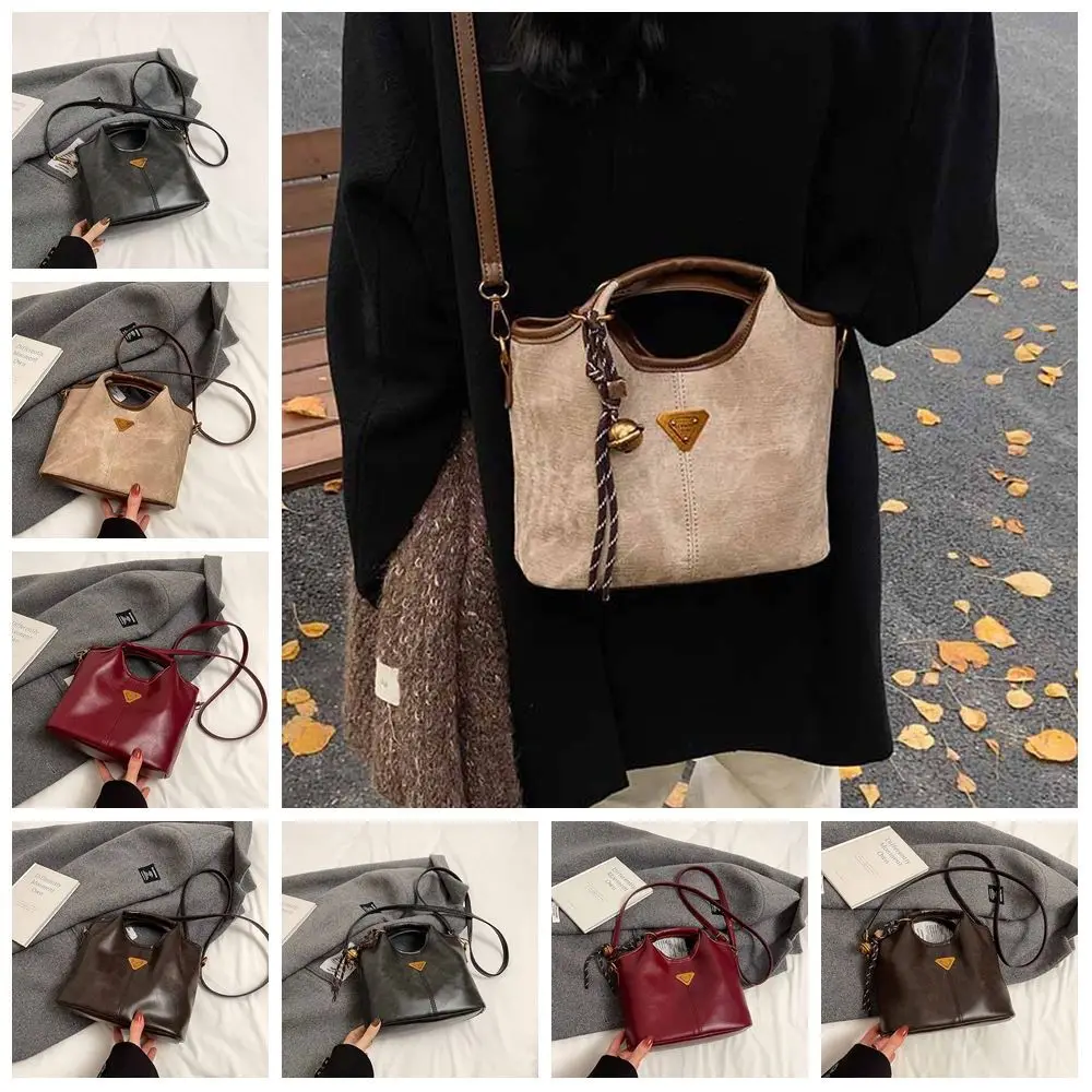 

PU Vintage Tote Bag Crossbody Bag Small Triangle Brand Small Basket Bag Korean Style With Pendant Women's Shoulder Bag Wallet