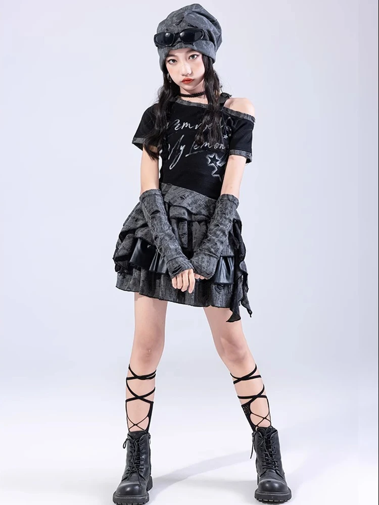 Vêtements de danse Jazz Vintage pour filles, haut nombril noir, jupe gothique, pantalon, Costume de danse Hip Hop, Costume de spectacle de pom-pom girl BL16526