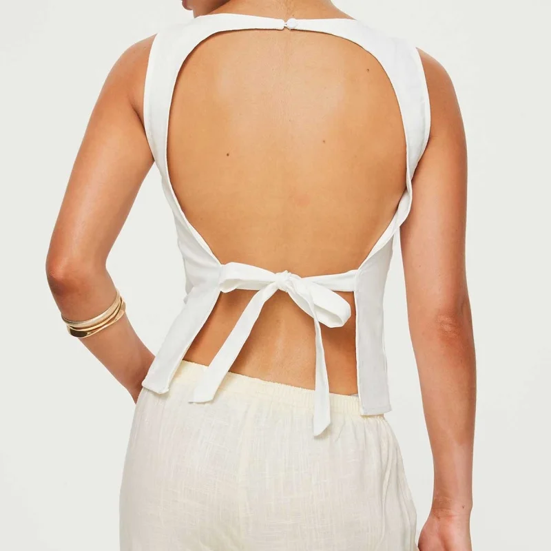 Vrouwen Zomer Crop Tank Tops Ronde Hals Mouwloos Verstelbare Grote Strik Gebonden Uitsparing Open Rug Slim Fit Vest Streetwear