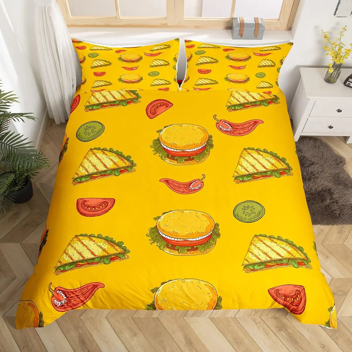 

Fast Food Bedding Set Easter Gifts for Kids Boys Girls Hamburger Sandwich Comforter Cover Cartoon Style Funny Food Duvet Cover