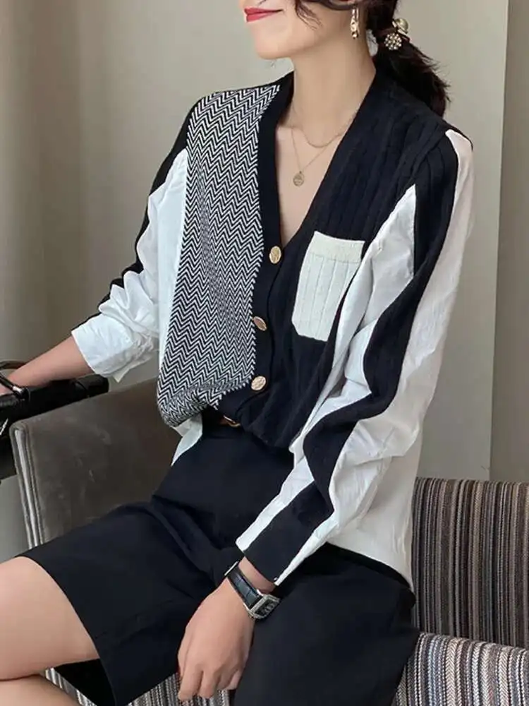 

Корейский стиль с длинным рукавом и v-образным вырезом в стиле пэчворк вязаный кардиган однобортный модный женский свитер пальто осень новинка