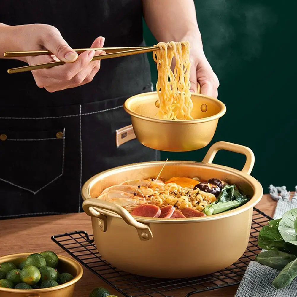 Instant Ramen Pot Korean Ramen Cooking Pot Gold Aluminum Noodle Heating Cookware with Lid Handles Kitchen Hot Fast Pot Allo O8A2