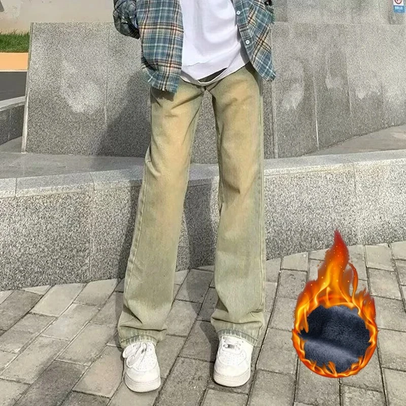 

Мужские осенне-зимние теплые джинсы, мужские утолщенные джинсовые брюки на флисовой подкладке, свободные прямые глиняно-желтые эластичные брюки