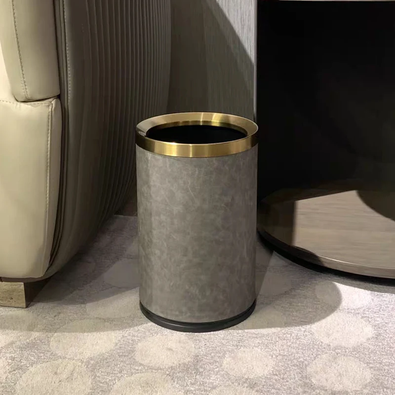 Leasylife quality Double Layer Leather Trash Can Metal Beautiful Waste Paper PU Basket Storage Bin for Bathroom  Bed Room