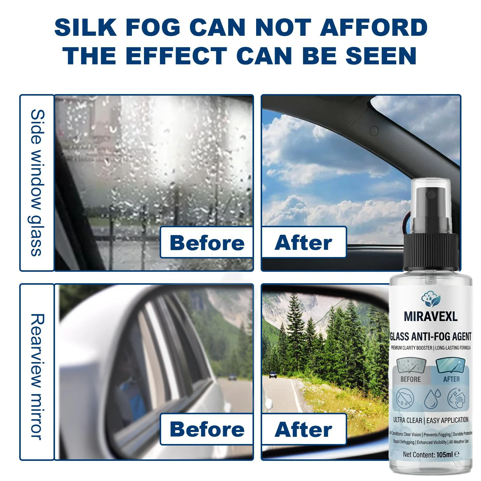 Car Windshield Anti-Fog Spray - Long-Lasting Defogger & Rain Repellent for Auto Glass, Truck, Boat - Clear Vision Coating, 105ml