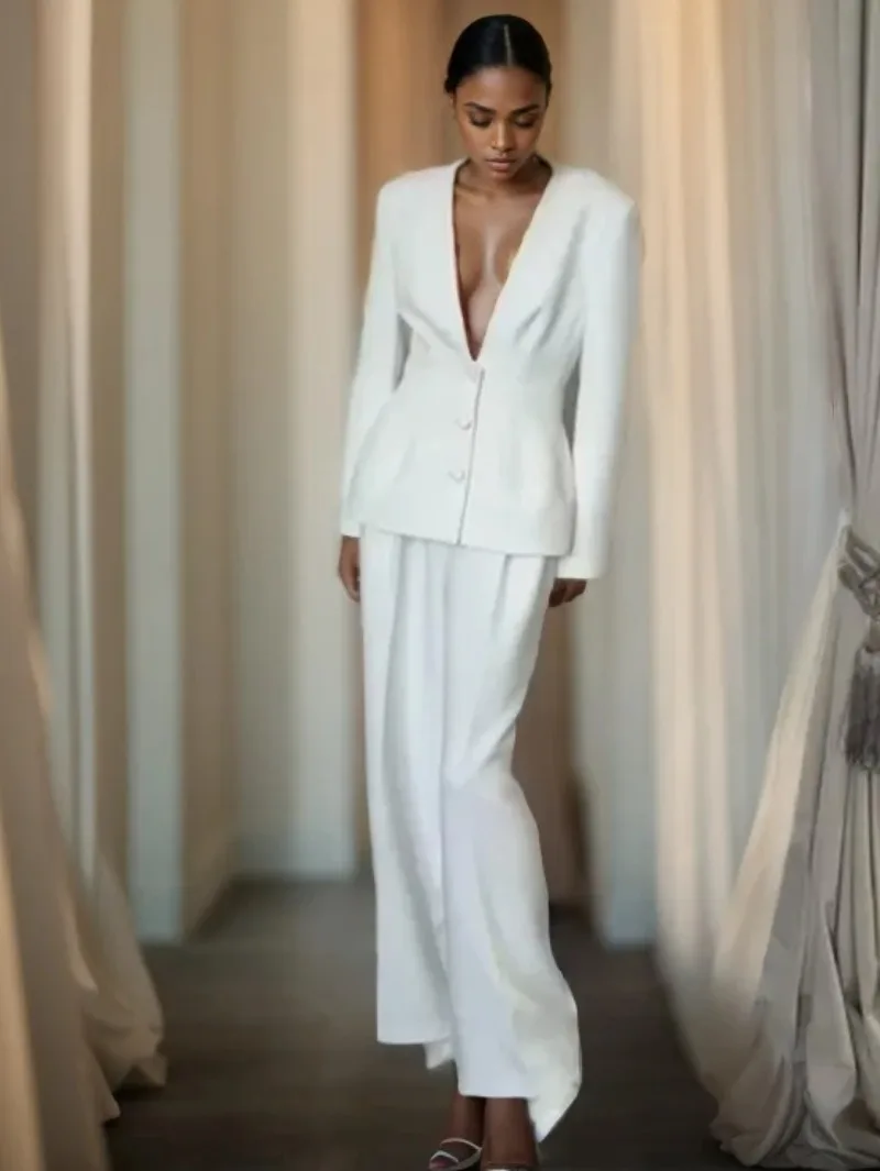 Autumn Two-piece Sets for Women 2024 Fashion White Elegant Deep V-neck White Suit Jacket Long Pants Women Pants Suit